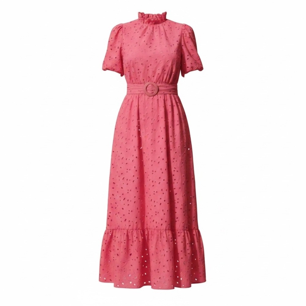 Sezane Dress Size 40 Pink Pippa Eyelet Midi Puff Sleeve Ruffle Neck Belted Boho